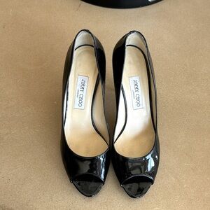 Jimmy Choo 4” open toe Pump black patent leather. Great condition.